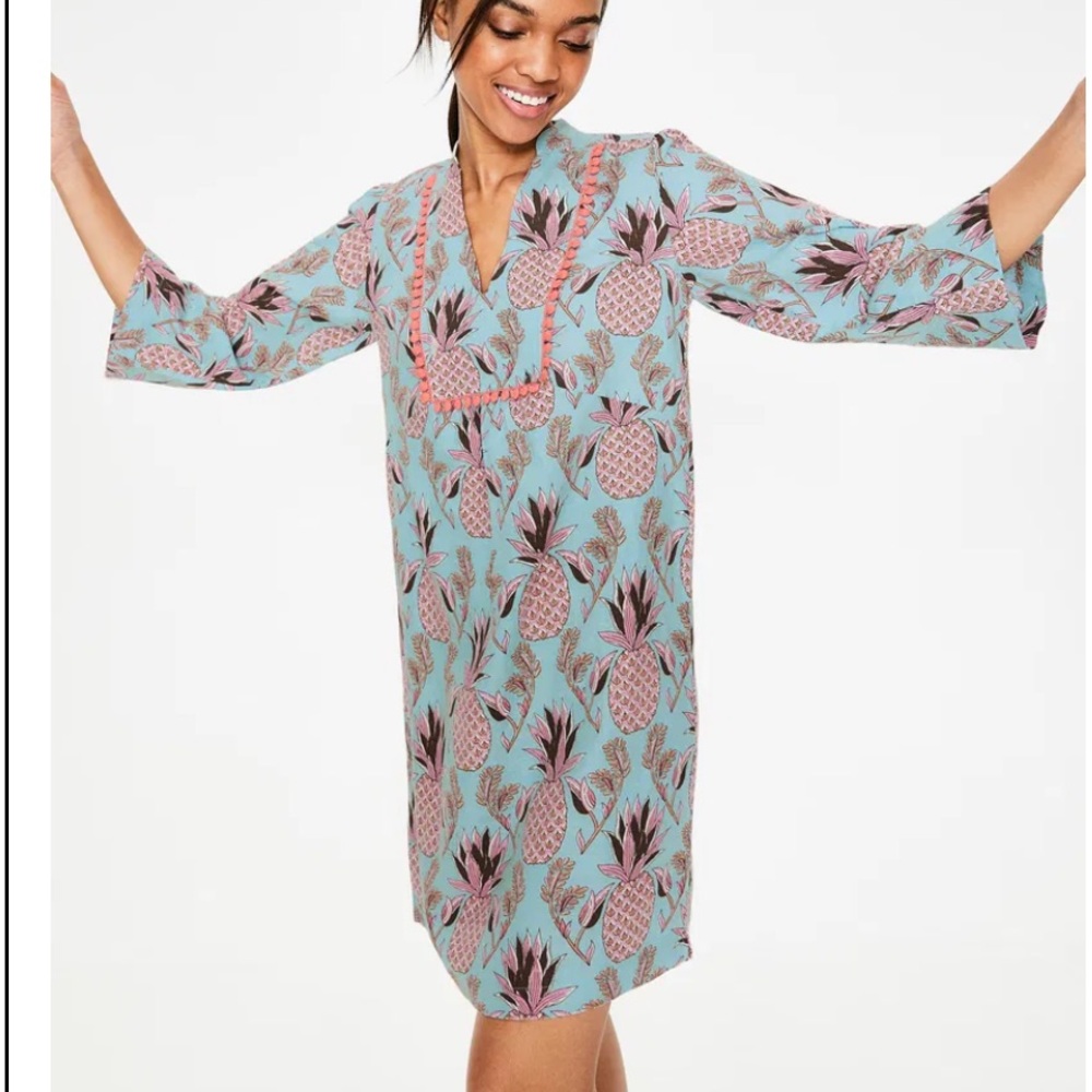 Boden Blue & Orange Evangeline Pineapple Print Pom Poms 100%‎ Linen Tunic NWT 8P
